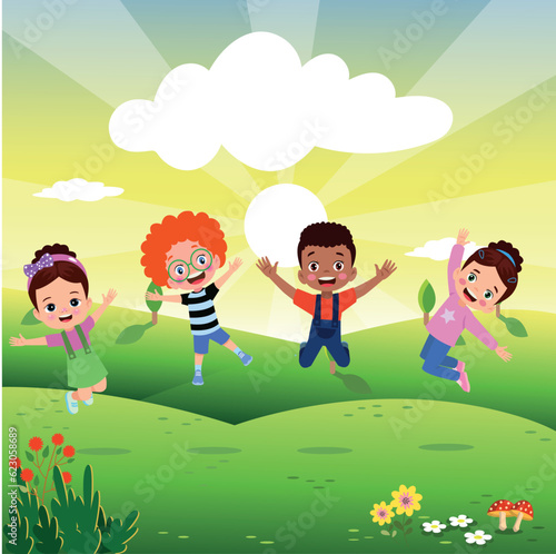 Jumping kids. Happy funny children playing and jumping in different action poses education little team vector characters. Illustration of kids and children fun and smile