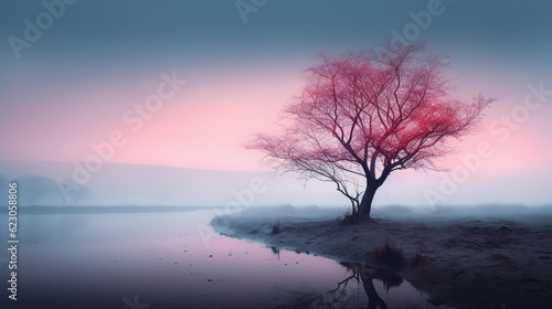 Generative Ai Illustration. Misty tree landscape