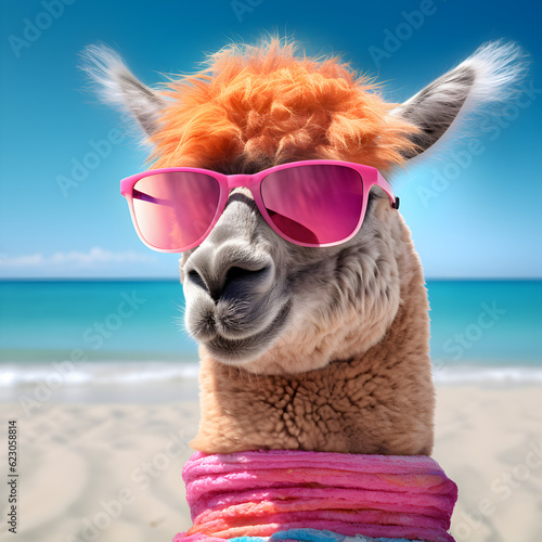 Alpaca at the beach in sunglasses