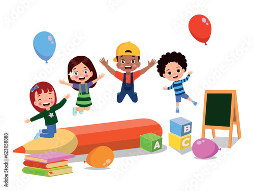 Jumping kids. Happy funny children playing and jumping in different action poses education little team vector characters. Illustration of kids and children fun and smile