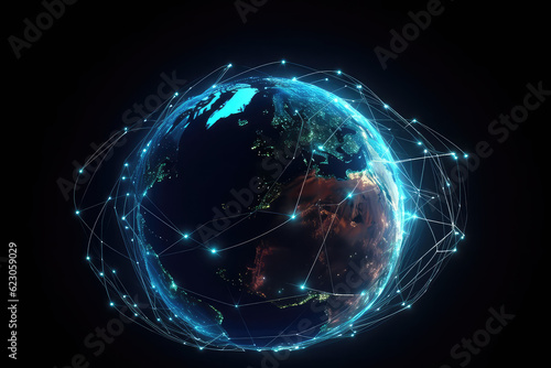 Fototapeta Naklejka Na Ścianę i Meble -  A globe of a planet surrounded by neural neon nexus lines, grid and nodes. Creative concept of technological progress, the World Wide Web wallpaper. Generative AI 3d render illustration imitation.
