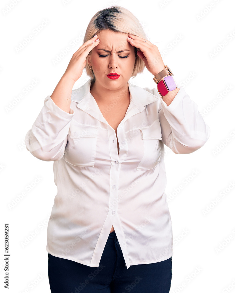 Young blonde plus size woman wearing casual shirt with hand on head for pain in head because stress. suffering migraine. Young blonde plus size woman wearing casual shirt with hand on head for pain in head because stress. suffering migraine.