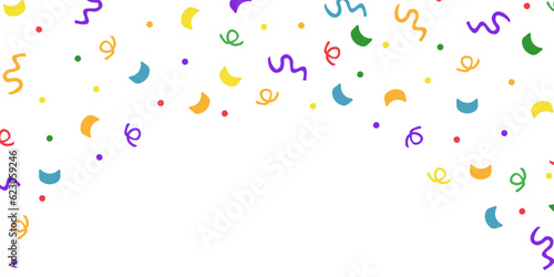 Carnival Banner with Firecracker and paper Confetti. Big horizontal holiday poster with Comfetti, serpantine and space for text isolated on white background. Vector illustration.