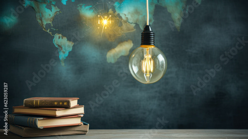 books on wooden desk and lightbulb on chalboard background with world map. Global Education Week concept banner