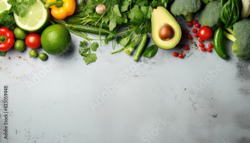 Fresh vegetables and fruits on grey background, top view. Space for text