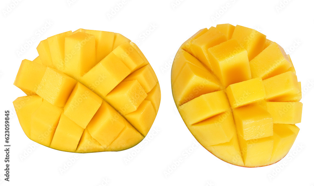 Sliced mangoes on an isolated white background.