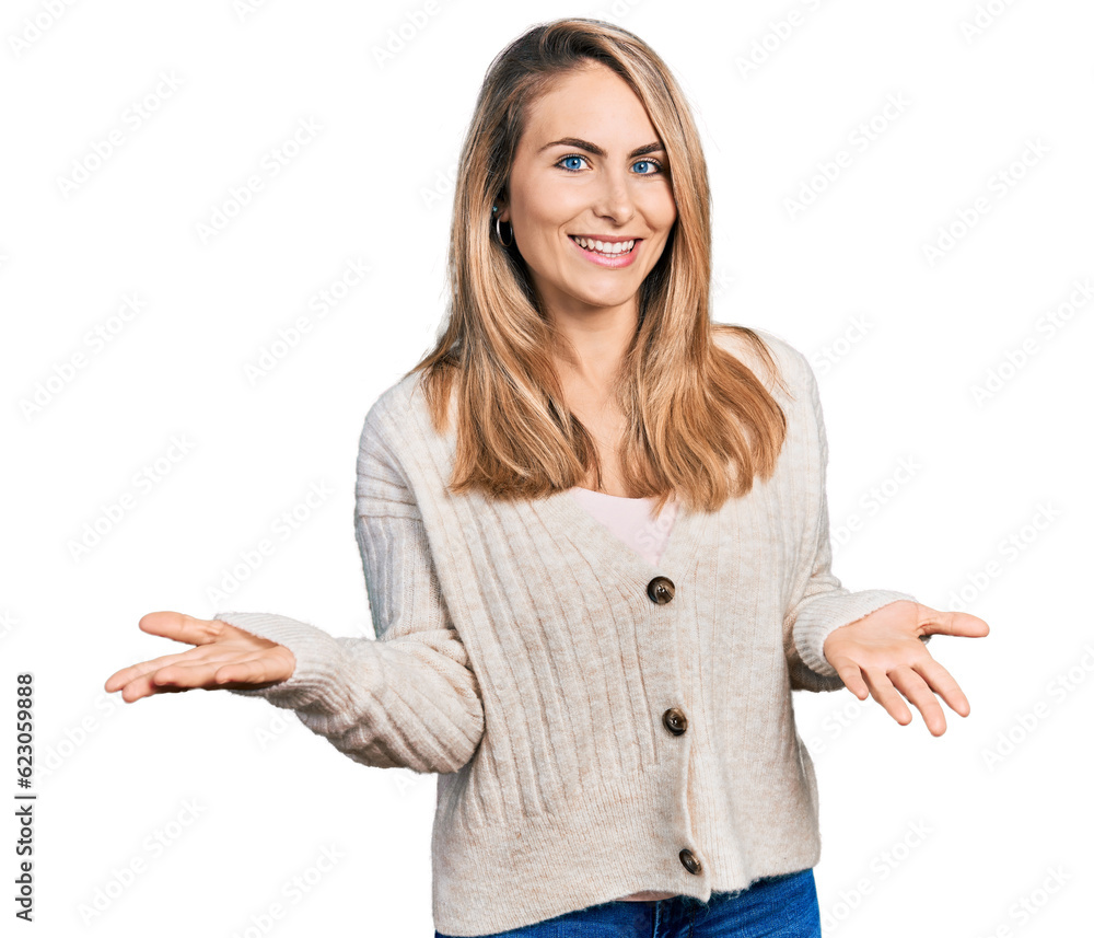 Young blonde woman wearing casual clothes smiling cheerful with open arms as friendly welcome, positive and confident greetings Young blonde woman wearing casual clothes smiling cheerful with open arms as friendly welcome, positive and confident greetings