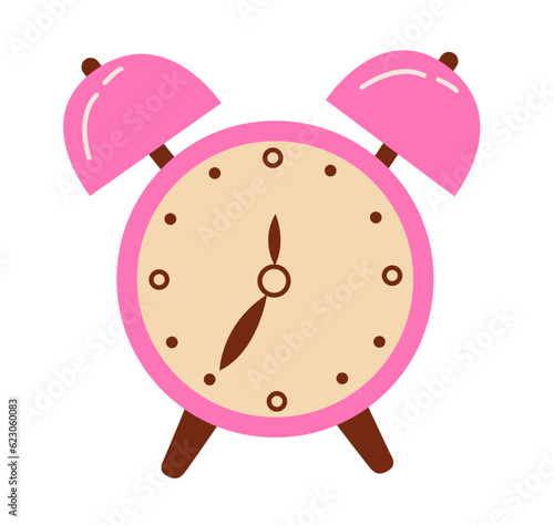 Retro style clock for waking up. Carton vintage timepiece with bells. Pink alarm clock flat vector illustration.