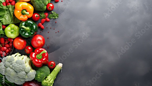 Fresh vegetables on black background. Top view with copy space for your text
