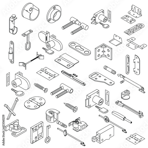 Furniture fittings accesories icons drawn in isometric perspective