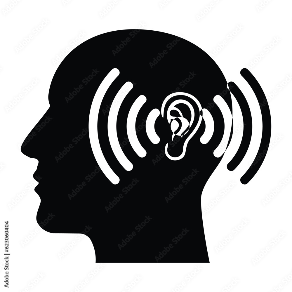 Fotografie Human head with hearing aid icon on white background