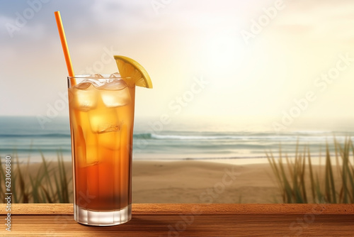 Lemonade cocktail on the beach close-up. Vacation background. Ai generated