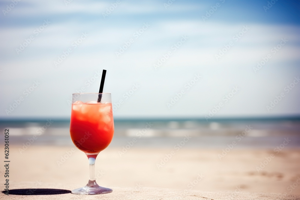 Obraz premium Fresh juice cocktail on the beach. Vacation background. Ai generated