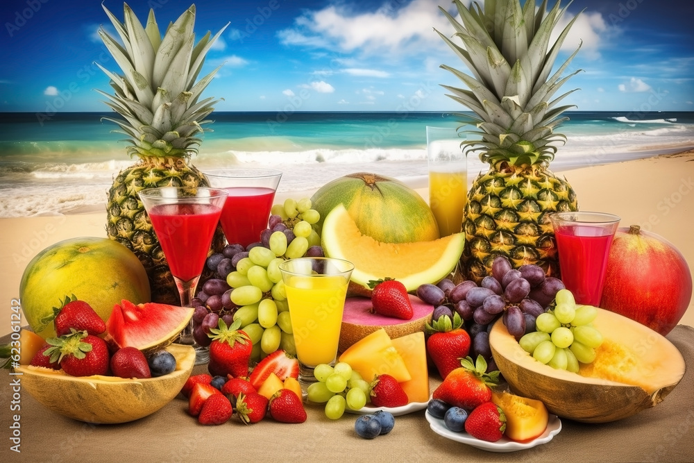 Summer tropical beach background with fresh juice cocktails and fruits. Ai generated
