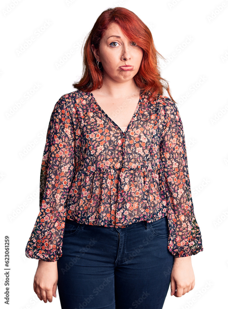 Φωτογραφία Young beautiful redhead woman wearing casual t-shirt depressed and worry for distress, crying angry and afraid