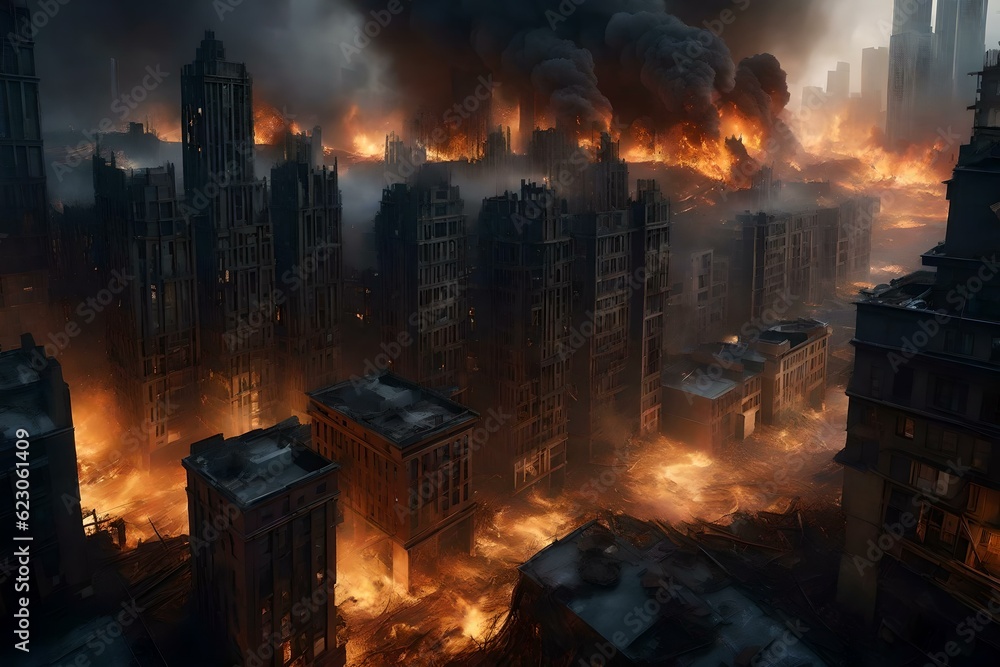 Obraz premium The cityscape is engulfed in a catastrophic event, with fires raging, explosions through the structures, and buildings collapsing in chaos. 