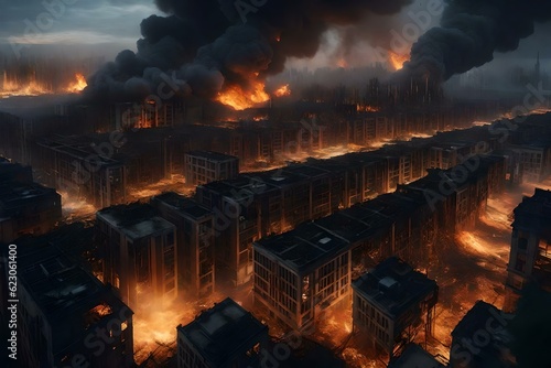 The cityscape is engulfed in a catastrophic event, with fires raging, explosions through the structures, and buildings collapsing in chaos. 