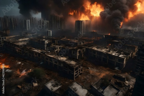 The cityscape is engulfed in a catastrophic event  with fires raging  explosions through the structures  and buildings collapsing in chaos. 