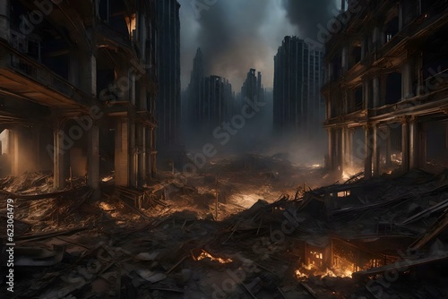 The cityscape is engulfed in a catastrophic event, with fires raging, explosions through the structures, and buildings collapsing in chaos. 