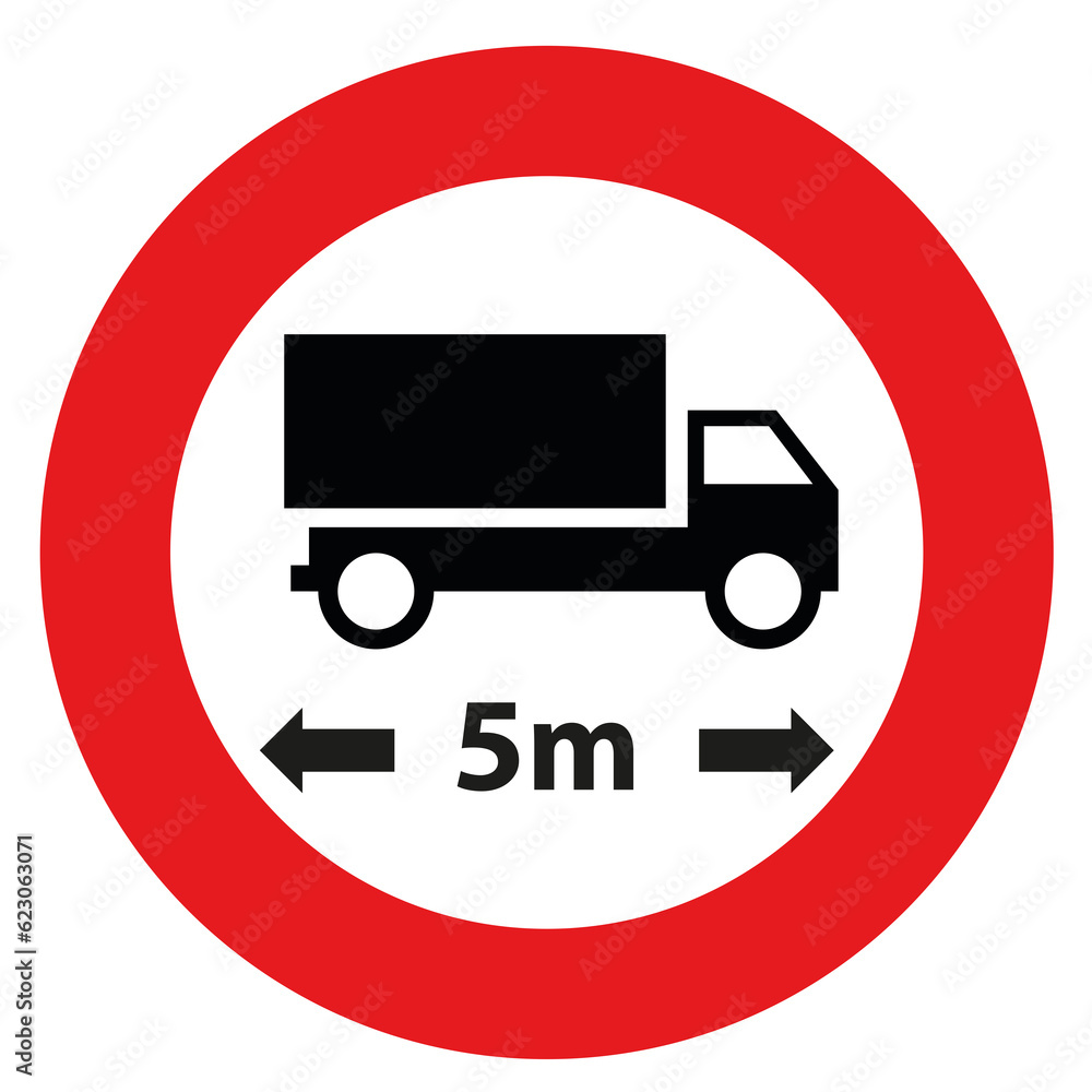 Forbidden round sign with red circle and a truck. Sign to limit the length of vehicles to 5 meters. Forbidden round sign with red circle and a truck. Sign to limit the length of vehicles to 5 meters.