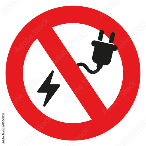 Forbidden round sign with red circle, plug and an electric icon. Prohibits the charging of any electronic devices. (ID: 623063018)