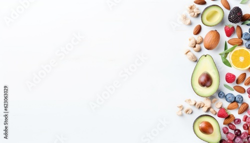 Healthy food background with fruits and nuts. Top view with copy space