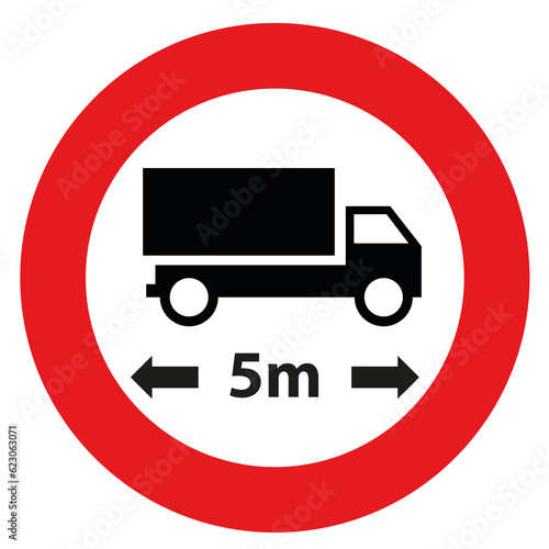 Forbidden round sign with red circle and a truck. Sign to limit the length of vehicles to 5 meters. (ID: 623063071)
