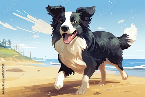 Fototapete happy dog border collie on the beach in summer illustration Generative AI