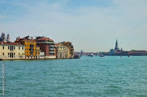 View of the Venetian Lagoon and active ship navigation on it  Venice  Italy.
