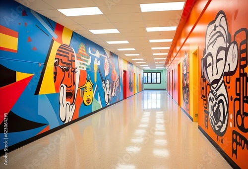 Artwork lining the walls of the school corridors