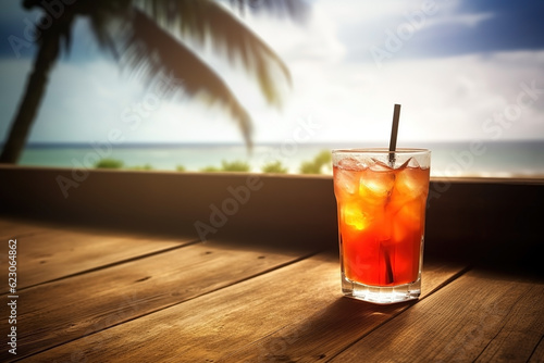 Desk of free space with fresh juice cocktail on the beach. Vacation background. Ai generated