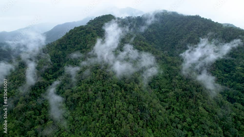 Aerial view flying above lush green tropical rain forest mountain the rainy season on the Doi Phuka Mountain reserve national park the Nan province northern Thailand. Aerial view flying above lush green tropical rain forest mountain the rainy season on the Doi Phuka Mountain reserve national park the Nan province northern Thailand.