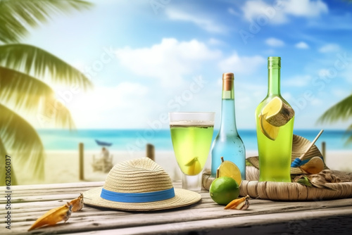 Straw hat and lemonade, vacation background. Ai generated