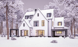 3d rendering of cute cozy white and black modern Tudor style house with parking  and pool for sale or rent with beautiful landscaping. Cool winter evening with cozy light from windows