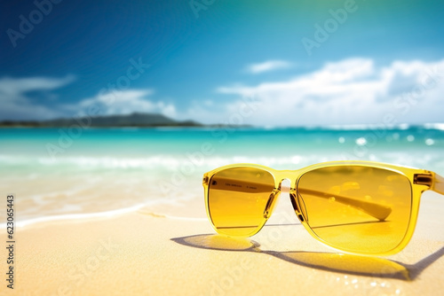 Sunglasses and beach landscape, summer vacation background. Ai generated