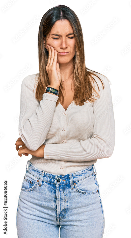 Young woman wearing casual clothes touching mouth with hand with painful expression because of toothache or dental illness on teeth. dentist Young woman wearing casual clothes touching mouth with hand with painful expression because of toothache or dental illness on teeth. dentist