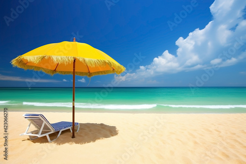 Sun lounger with umbrella on the beach, summer vacation background. Ai generated © Artem81