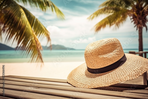 Desk of free space with straw hat with beach landscape. Ai generated