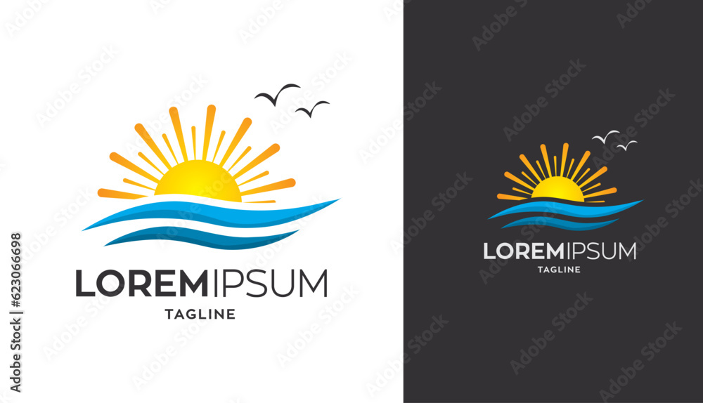 Sunrise with sea waves, logo symbol vector template useful for travel agency, tourism, surfing related business or services Sunrise with sea waves, logo symbol vector template useful for travel agency, tourism, surfing related business or services