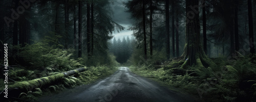View of path through misty fog forest, Forest road concept. © Michal