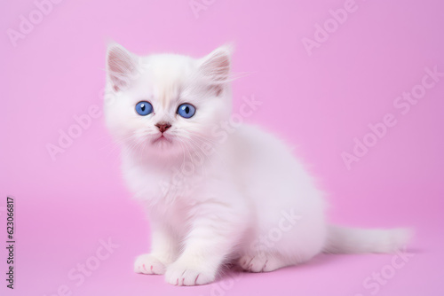 Small cute white fluffy kitten face portrait isolated on flat pink studio background with copy space. Generative AI professional photo imitation.