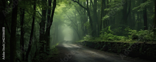 View of path through misty fog forest, Forest road concept.