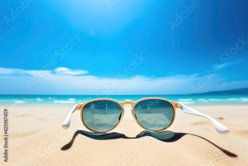 Sunglasses and beach landscape, summer vacation background. Ai generated