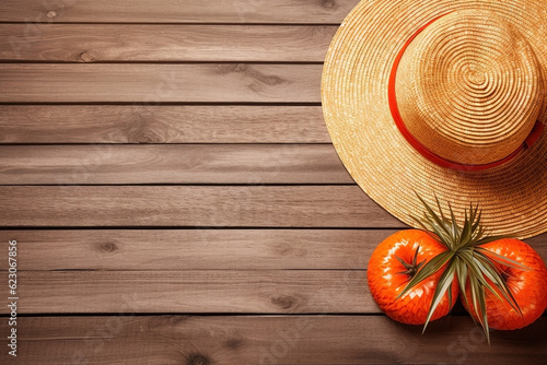 Straw hat on wood background with space. Ai generated