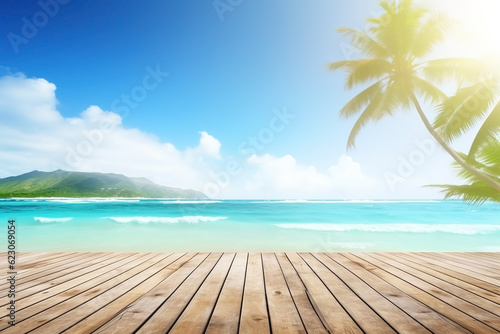 Desk of free space and summer beach landscape. Vacation background. Ai generated © Artem81