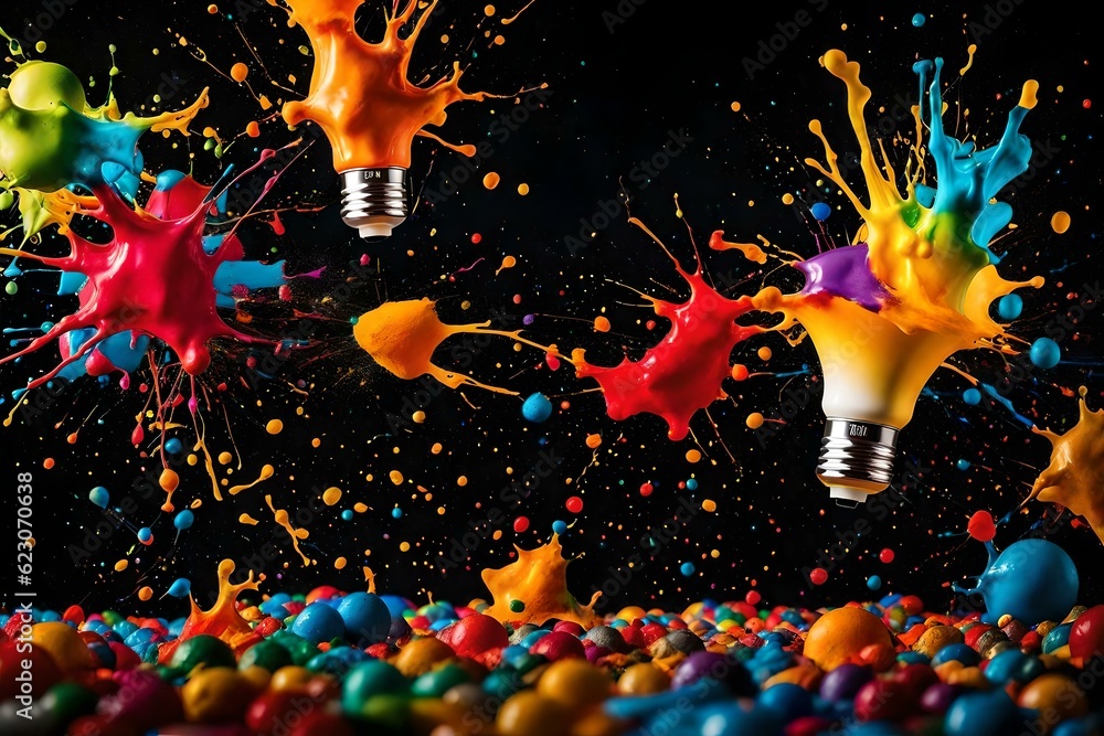 Φωτογραφία Witness the explosion of creativity as a vibrant light bulb shatters, releasing a burst of colorful paint and captivating splashes against a captivating black background