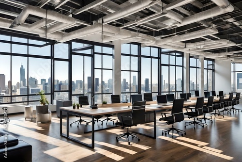 Step into a contemporary loft office bathed in natural light  where sleek lines and minimalist design create a harmonious and inspiring workspace.Ai generated