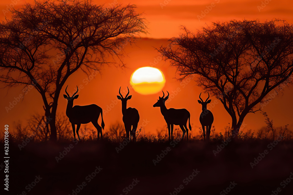 Herd of impalas silhouettes in the dry grass of savanna at sunset. Amazing African wildlife. Generative Ai