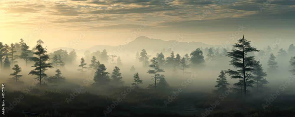 Fototapeta premium forest with trees covered in misty fog.