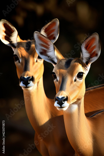 Beautiful portrait of Impalas Antelopes in the African savanna. Amazing Wildlife. Generative Ai © Shootdiem
